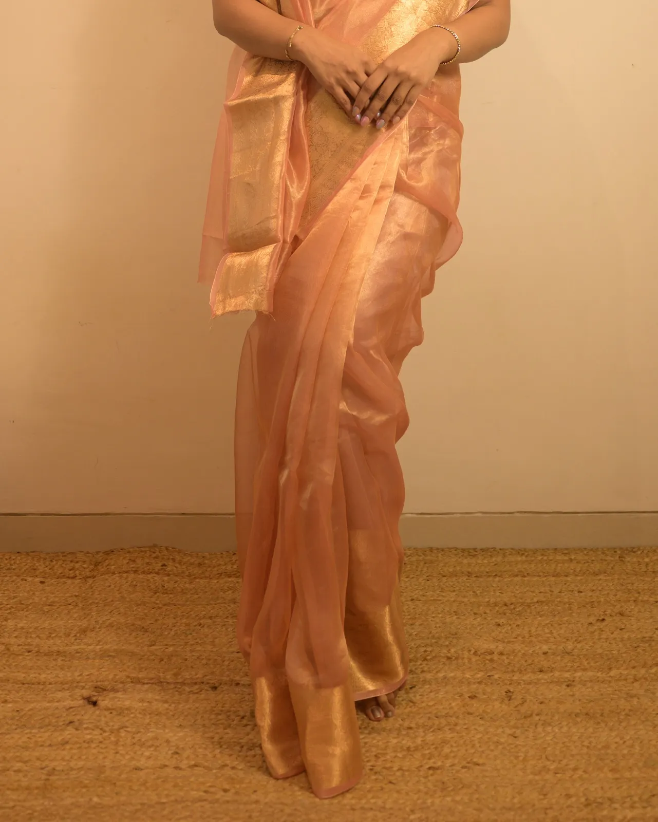 Peach gold tissue silk saree